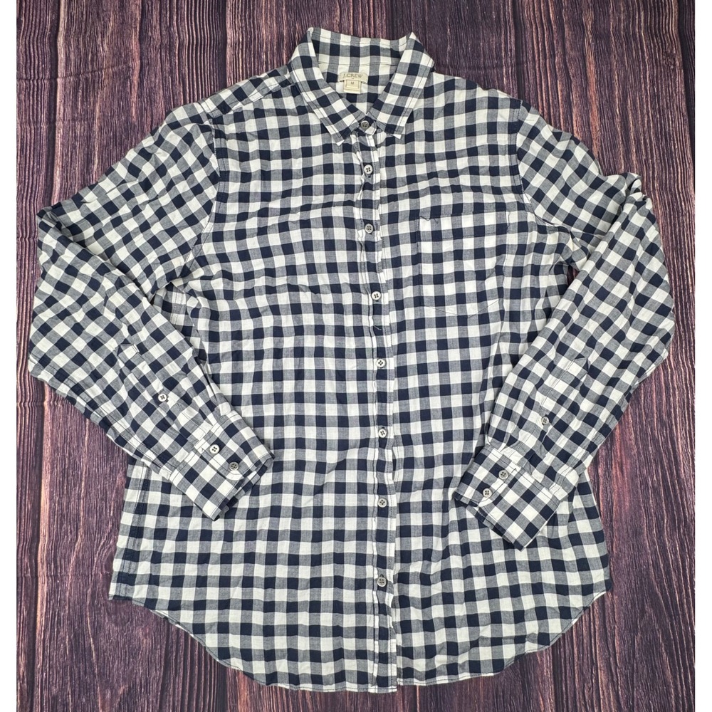 J. Crew Button Down Shirt Size M Cotton Gingham Preppy Navy Blue White Plaid Top
